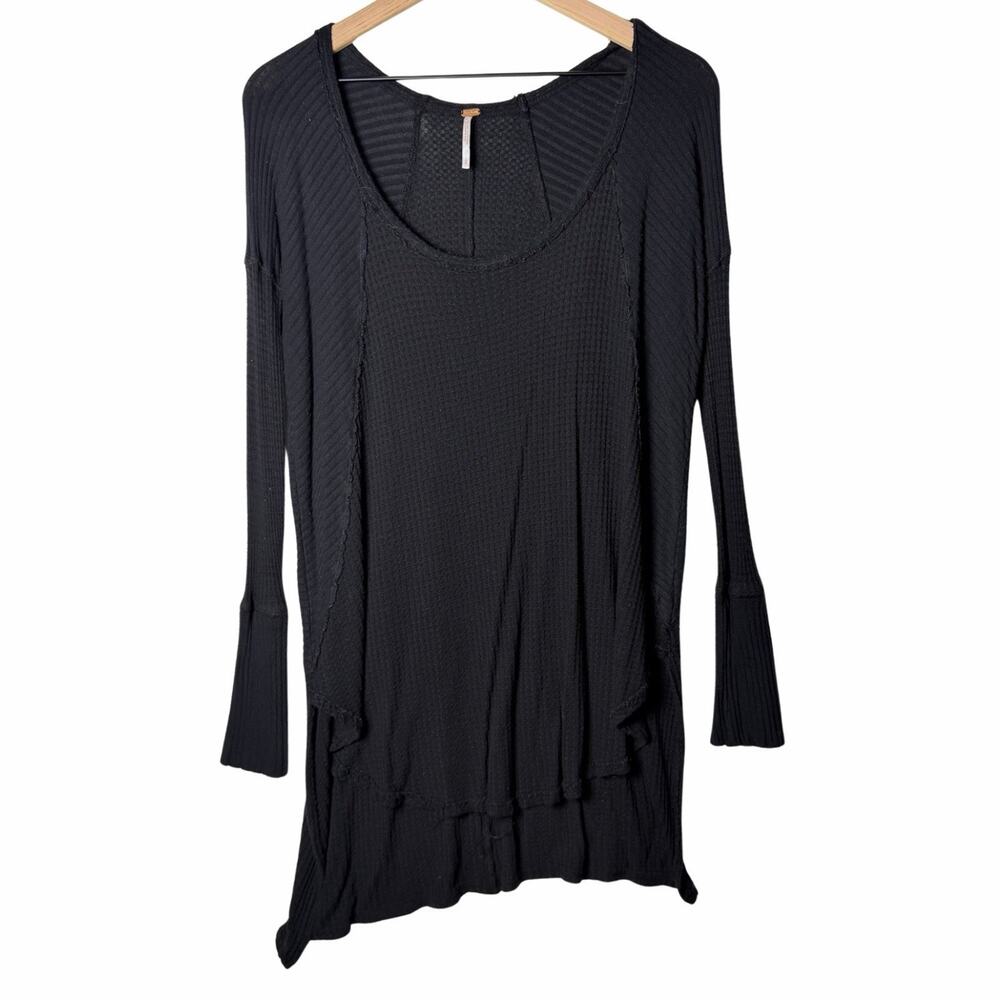 We The Free Free People Black Tunic Top Waffle Knit Thermal Long Sleeve size L